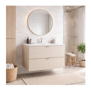 Ensemble BELLA 80cm : meuble sous vasque cachemire et vasque encastrée blanche mis en situation