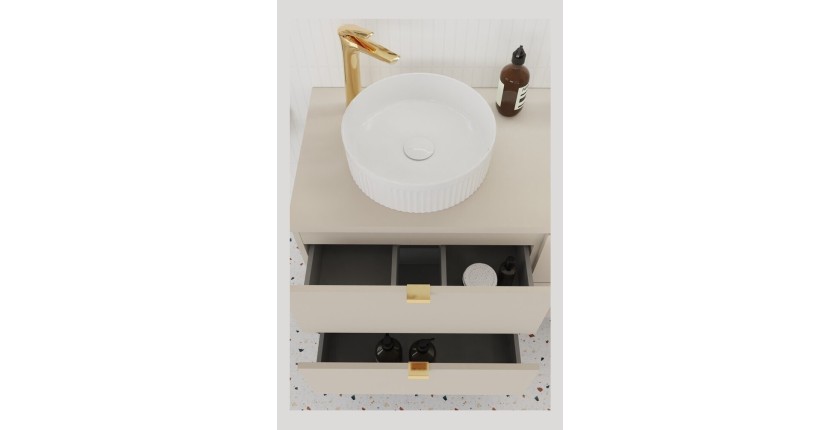 Zoom sur le meuble sous vasque BELLA 60cm cachemire avec tiroirs ouverts