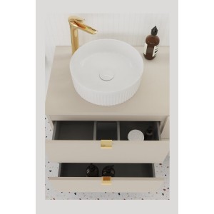 Zoom sur le meuble sous vasque BELLA 60cm cachemire avec tiroirs ouverts