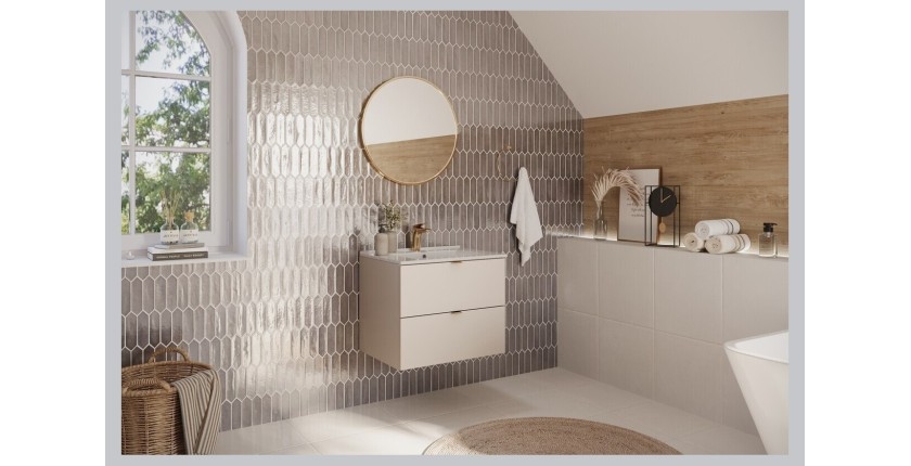 Ensemble BELLA 60cm : meuble sous vasque cachemire et vasque encastrée blanche mis en situation