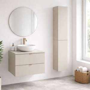 Ensemble BELLA : meuble sous vasque et plan pour vasque 60cm, colonne de rangement, coloris cachemire mis en situation