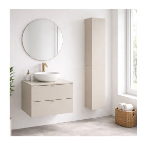 Ensemble BELLA : meuble sous vasque et plan pour vasque 60cm, colonne de rangement, coloris cachemire mis en situation