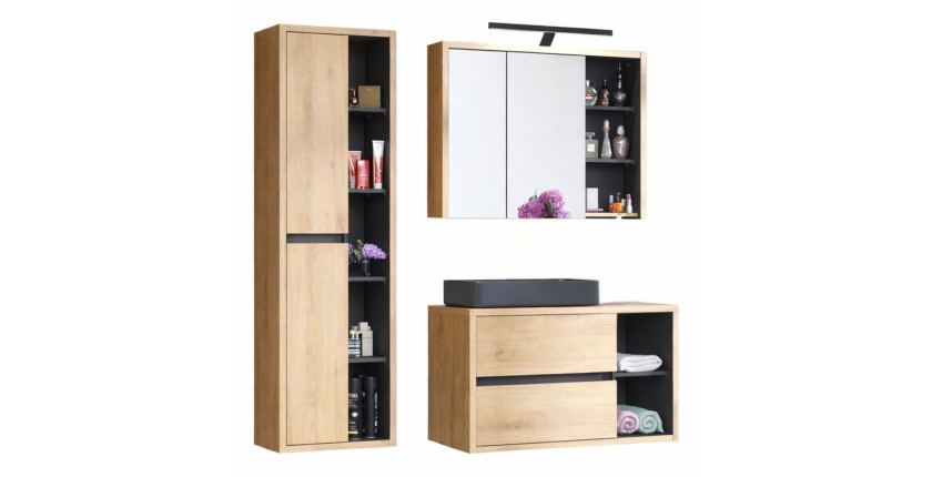 Set MATT: Waschtischunterschrank 100cm + schwarzes Aufsatzbecken + Stauraumsäule + Spiegelschränke + LED