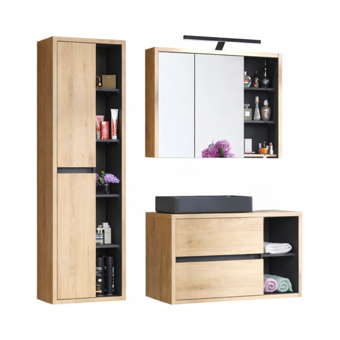 Set MATT: Waschtischunterschrank 100cm + schwarzes Aufsatzbecken + Stauraumsäule + Spiegelschränke + LED