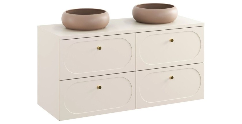 Badezimmer-Set TORNADO: Unterschrank 120cm + Ablage für beiges Waschbecken + braunes rundes Aufsatzwaschbecken