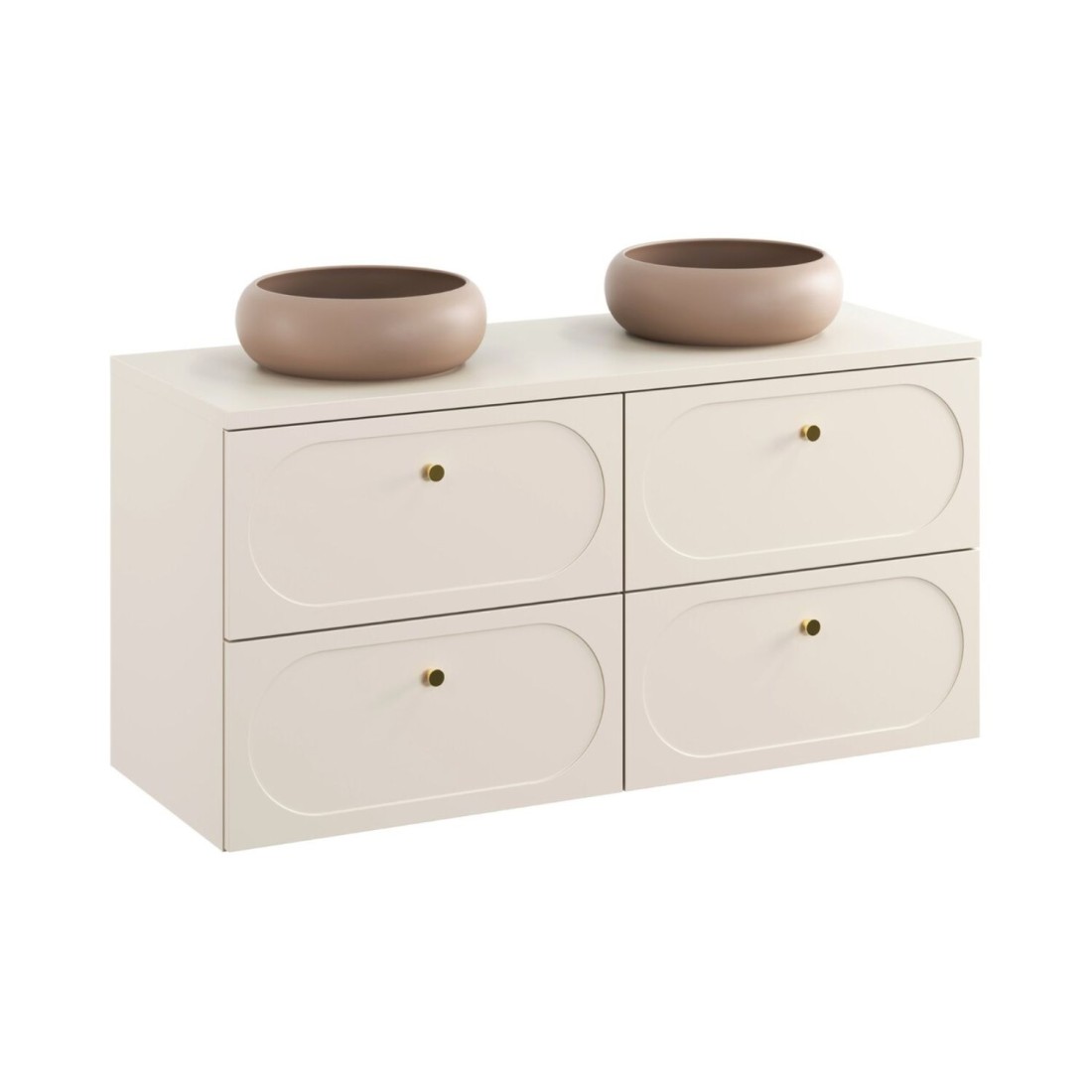 Badezimmer-Set TORNADO: Unterschrank 120cm + Ablage für beiges Waschbecken + braunes rundes Aufsatzwaschbecken