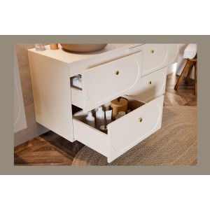 Zoom sur les tiroirs ouverts du meuble sous vasque 60cm TORNADO vu de côté