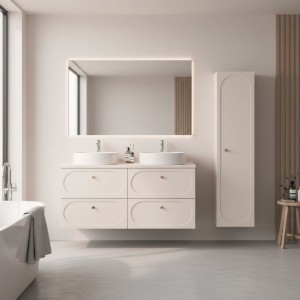 Ensemble TORNADO 120cm : meubles sous vasque, plan pour vasque et colonne de salle de bain mis en situation