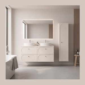 Ensemble TORNADO 120cm : meubles sous vasque, plan pour vasque et colonne de salle de bain mis en situation