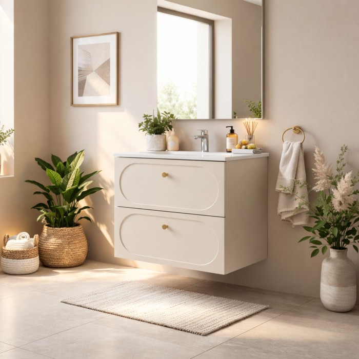 Badezimmer-Set TORNADO: beige Unterschrank 60cm + weißes Einbauwaschbecken