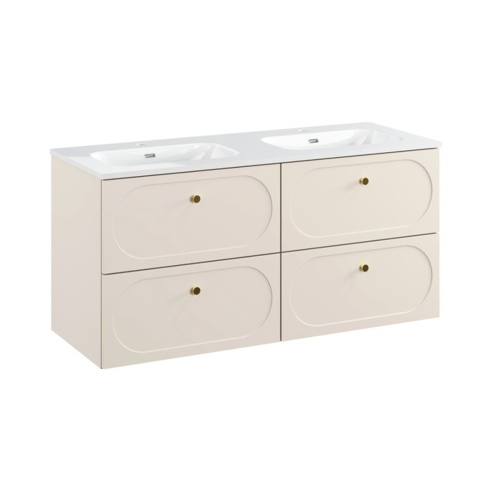 Badezimmer-Set TORNADO: Unterschrank 120cm beige + eingelassenes Doppelwaschbecken weiß