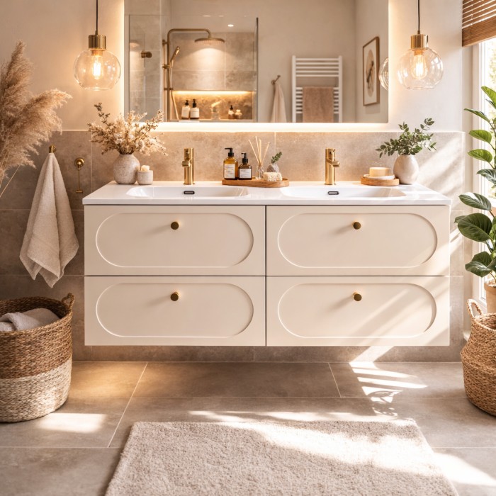 Badezimmer-Set TORNADO: Unterschrank 120cm beige + eingelassenes Doppelwaschbecken weiß