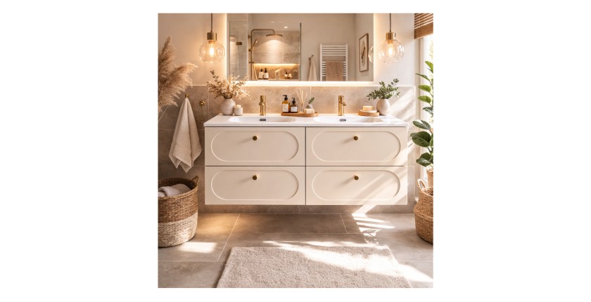 Ensemble TORNADO 120cm : meuble sous vasque et double vasque encastrée mis en situation