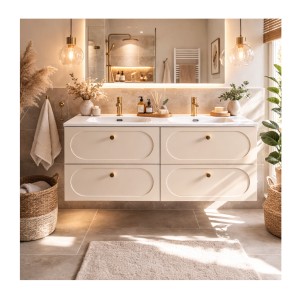 Ensemble TORNADO 120cm : meuble sous vasque et double vasque encastrée mis en situation