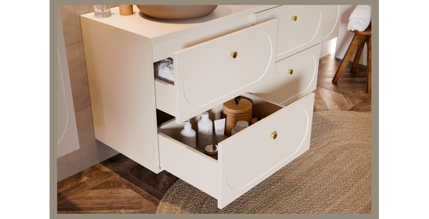 Zoom sur les tiroirs ouverts du meuble sous vasque TORNADO coloris cachemire vu de côté