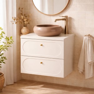 Ensemble TORNADO 80cm : meuble sous vasque, plan pour vasque et vasque à poser ronde marron cappuccino mis en situation