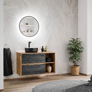 Ensemble GABI : meuble sous vasque et vasque à poser noire et blanche mis en situation