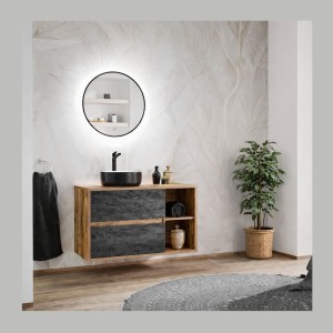 Ensemble GABI : meuble sous vasque et vasque à poser noire et blanche mis en situation