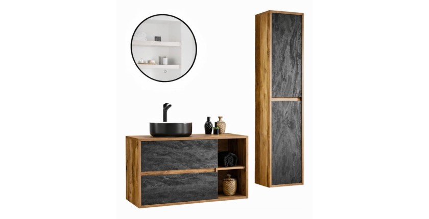 Ensemble GABI complet : meuble sous vasque, vasque à poser noire et blanche, colonne, miroir LED