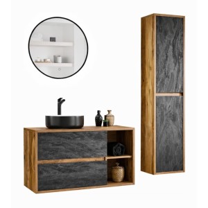 Ensemble GABI complet : meuble sous vasque, vasque à poser noire et blanche, colonne, miroir LED