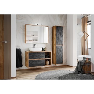 Ensemble GABI : Meuble sous vasque, vasque à poser blanche, rangement avec miroirs, lampe LED et colonne mis en situation