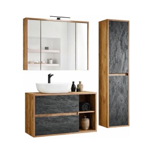 Ensemble GABI : Meuble sous vasque, vasque à poser blanche, rangement avec miroirs, lampe LED et colonne