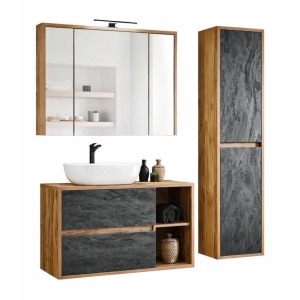 Ensemble GABI : Meuble sous vasque, vasque à poser blanche, rangement avec miroirs, lampe LED et colonne