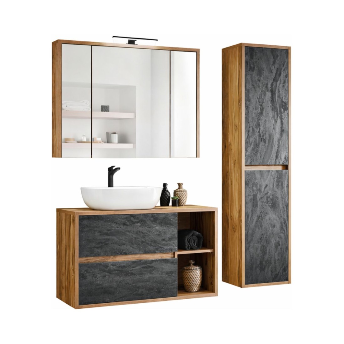 Ensemble GABI : Meuble sous vasque, vasque à poser blanche, rangement avec miroirs, lampe LED et colonne