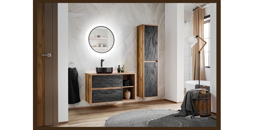 Ensemble GABI : meuble sous vasque, vasque à poser blanche, miroir LED 60cm, colonne de rangement mis en situation