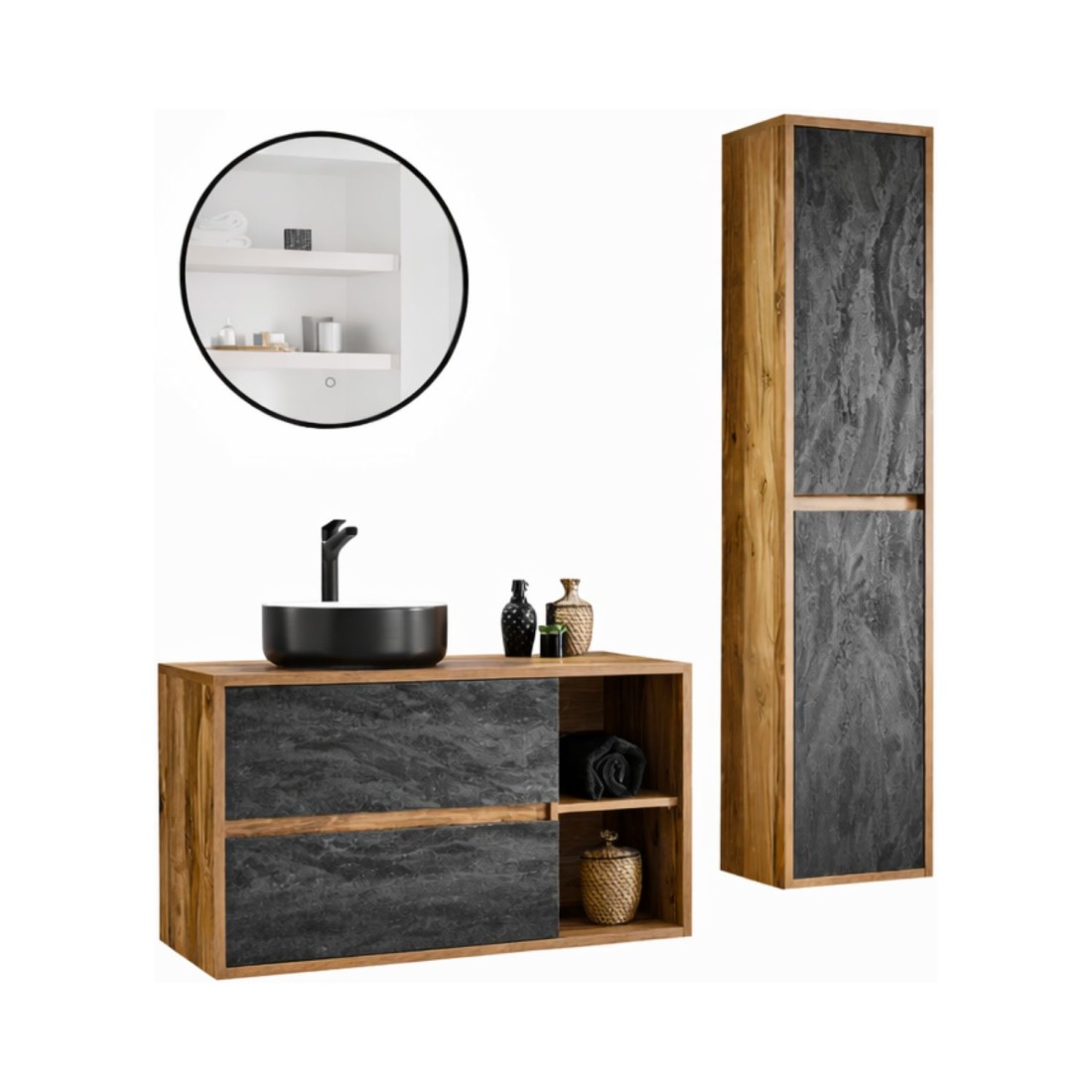 Ensemble GABI : meuble sous vasque, vasque à poser blanche, miroir LED 60cm, colonne de rangement