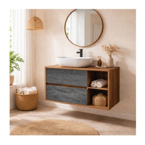 Ensemble GABI : meuble sous vasque et vasque à poser blanche rectangulaire arrondie mis en situation