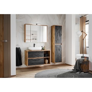 Ensemble GABI : meuble sous vasque, vasque rectangulaire, rangement avec miroirs, LED et colonne de rangement