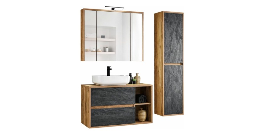 Ensemble GABI : meuble sous vasque, vasque rectangulaire, rangement avec miroirs, lampe LED et colonne de rangement
