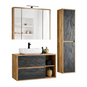 Ensemble GABI : meuble sous vasque, vasque rectangulaire, rangement avec miroirs, lampe LED et colonne de rangement