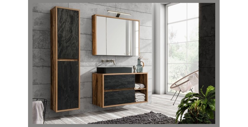 Ensemble GABI : meuble sous vasque, vasque à poser noire, rangement avec miroirs, LED, colonne de rangement mis en situation