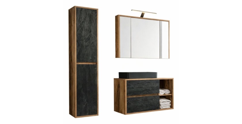 Ensemble GABI : meuble sous vasque, vasque à poser noire, rangement avec miroirs, LED, colonne de rangement