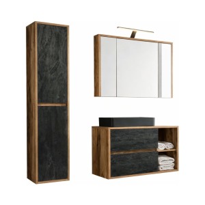 Ensemble GABI : meuble sous vasque, vasque à poser noire, rangement avec miroirs, LED, colonne de rangement