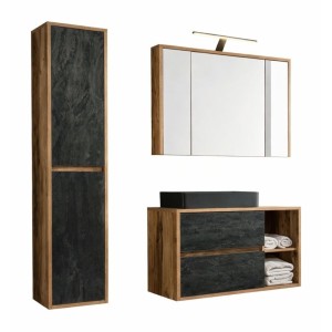 Ensemble GABI : meuble sous vasque, vasque à poser noire, rangement avec miroirs, LED, colonne de rangement