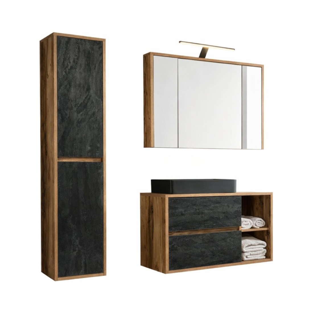 Ensemble GABI : meuble sous vasque, vasque à poser noire, rangement avec miroirs, LED, colonne de rangement