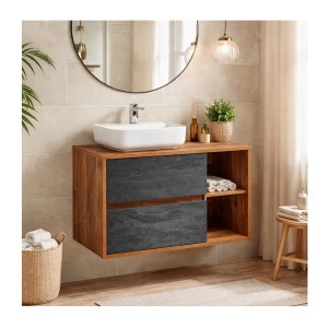 Ensemble GABI : meuble sous vasque et vasque à poser rectangulaire blanche mis en situation