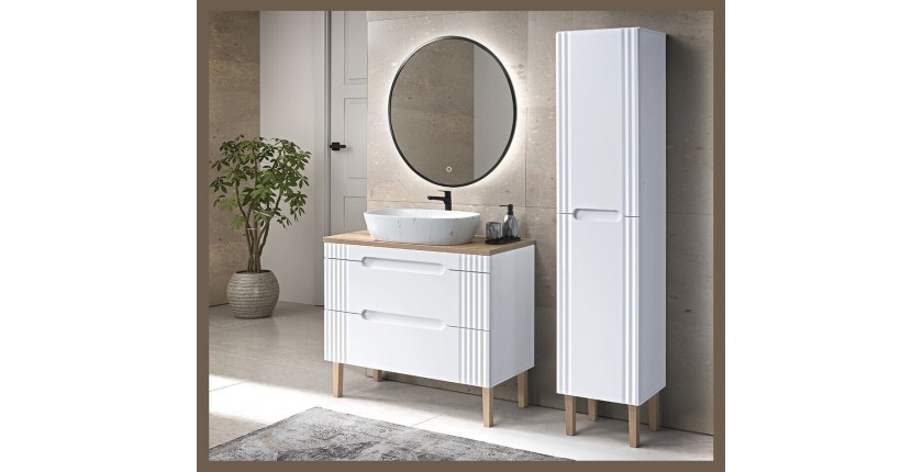 Set FIDJI: Waschtischunterschrank 100cm + Platte für Aufsatzwaschbecken + Füße + Aufsatzwaschbecken + Hochschrank + LED-Spiegel