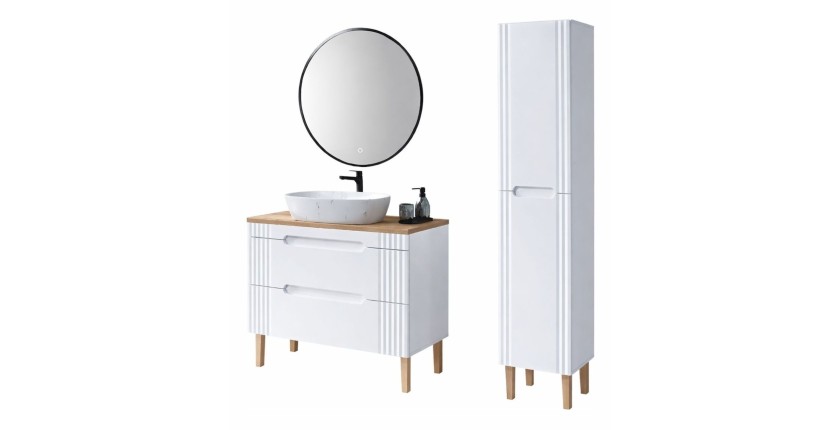 Set FIDJI: Waschtischunterschrank 100cm + Platte für Aufsatzwaschbecken + Füße + Aufsatzwaschbecken + Hochschrank + LED-Spiegel