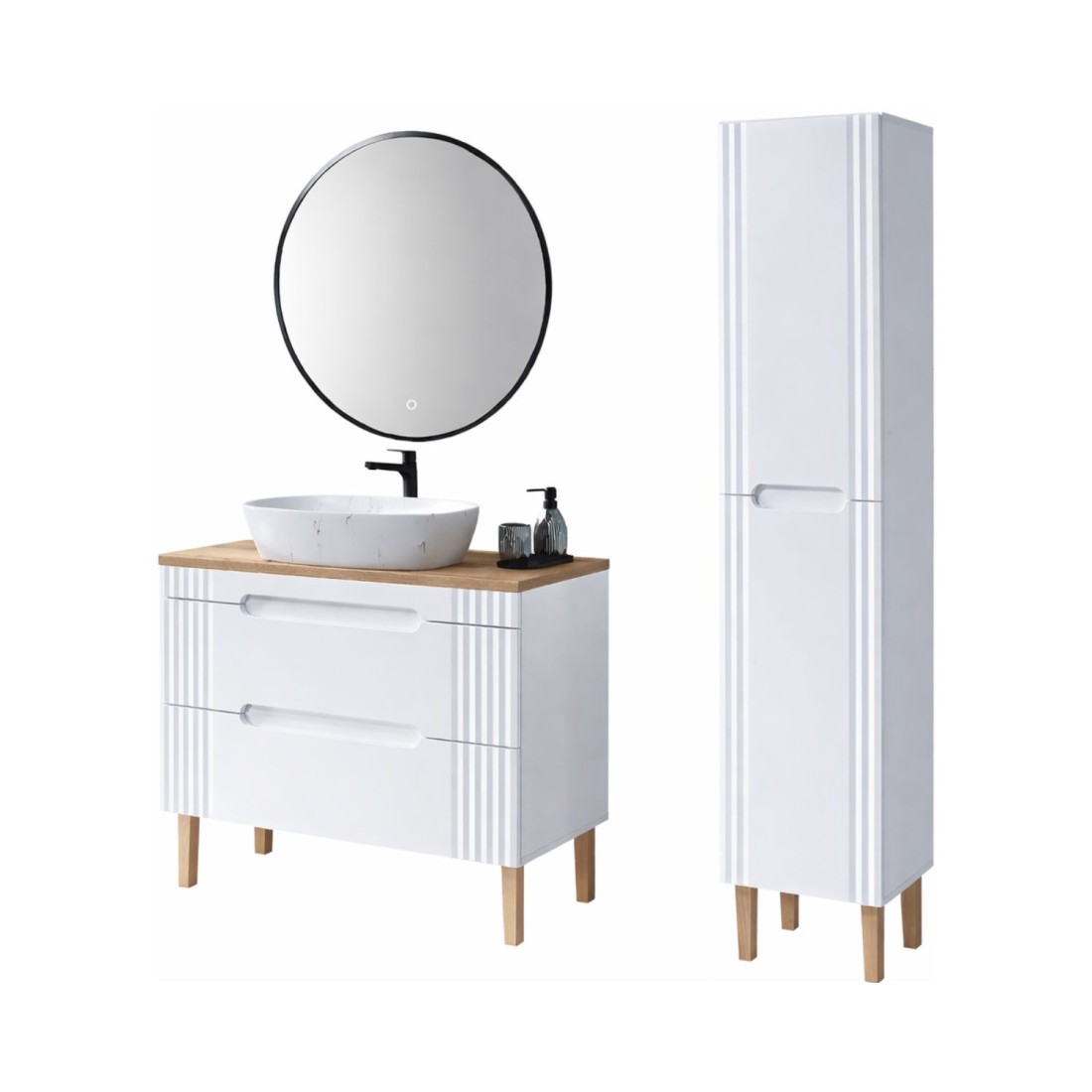 Set FIDJI: Waschtischunterschrank 100cm + Platte für Aufsatzwaschbecken + Füße + Aufsatzwaschbecken + Hochschrank + LED-Spiegel