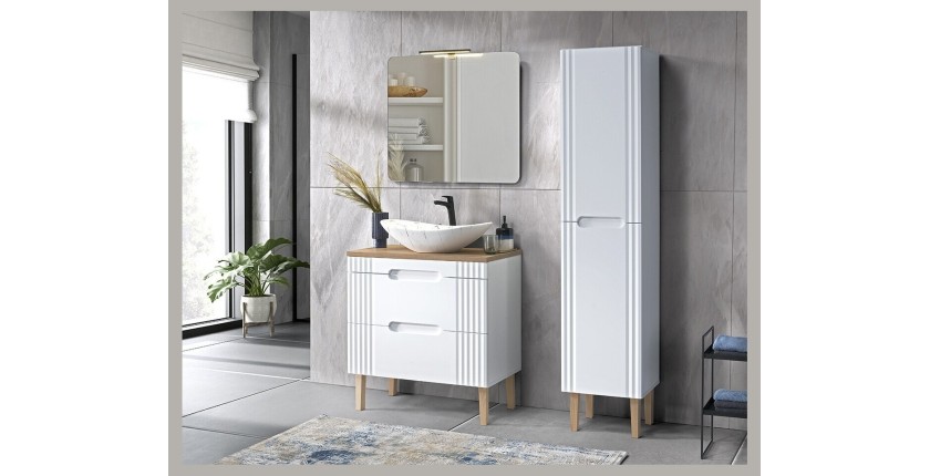 Set FIDJI: Waschtischunterschrank 80cm + Waschtischplatte + Füße + asymmetrisches Aufsatzwaschbecken + Hochschrank + Spiegel + L