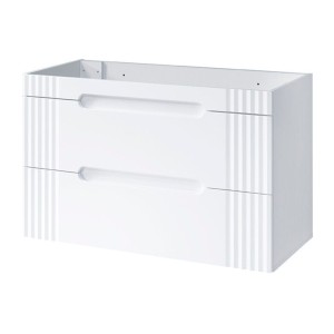 Set FIDJI: Waschtischunterschrank 80cm + Waschtischplatte + Füße + asymmetrisches Aufsatzwaschbecken + Hochschrank + Spiegel + L