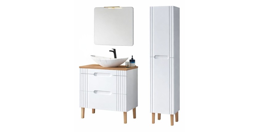 Set FIDJI: Waschtischunterschrank 80cm + Waschtischplatte + Füße + asymmetrisches Aufsatzwaschbecken + Hochschrank + Spiegel + L