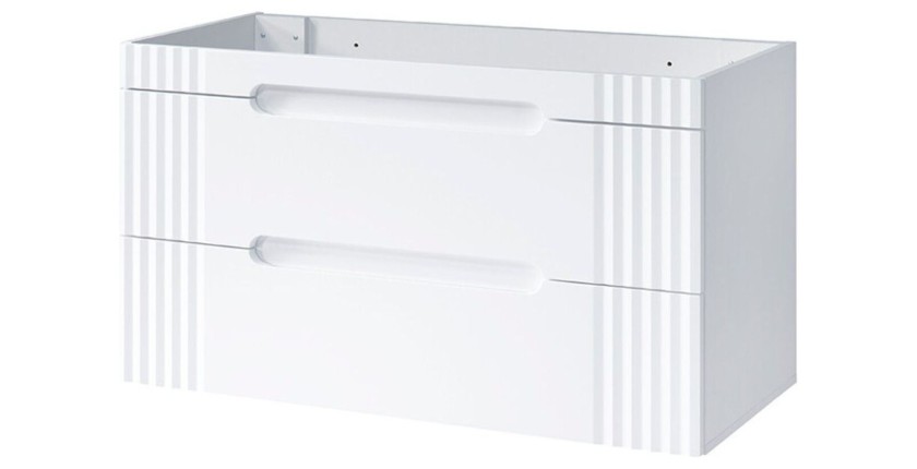 Set FIDJI: Waschbeckenunterschrank 120cm + Platte für Waschbecken + Füße + asymmetrische Aufsatzwaschbecken + Säule + Spiegel + 