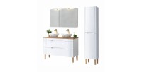 Set FIDJI: Waschbeckenunterschrank 120cm + Platte für Waschbecken + Füße + asymmetrische Aufsatzwaschbecken + Säule + Spiegel + 