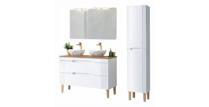 Set FIDJI: Waschbeckenunterschrank 120cm + Platte für Waschbecken + Füße + asymmetrische Aufsatzwaschbecken + Säule + Spiegel + 