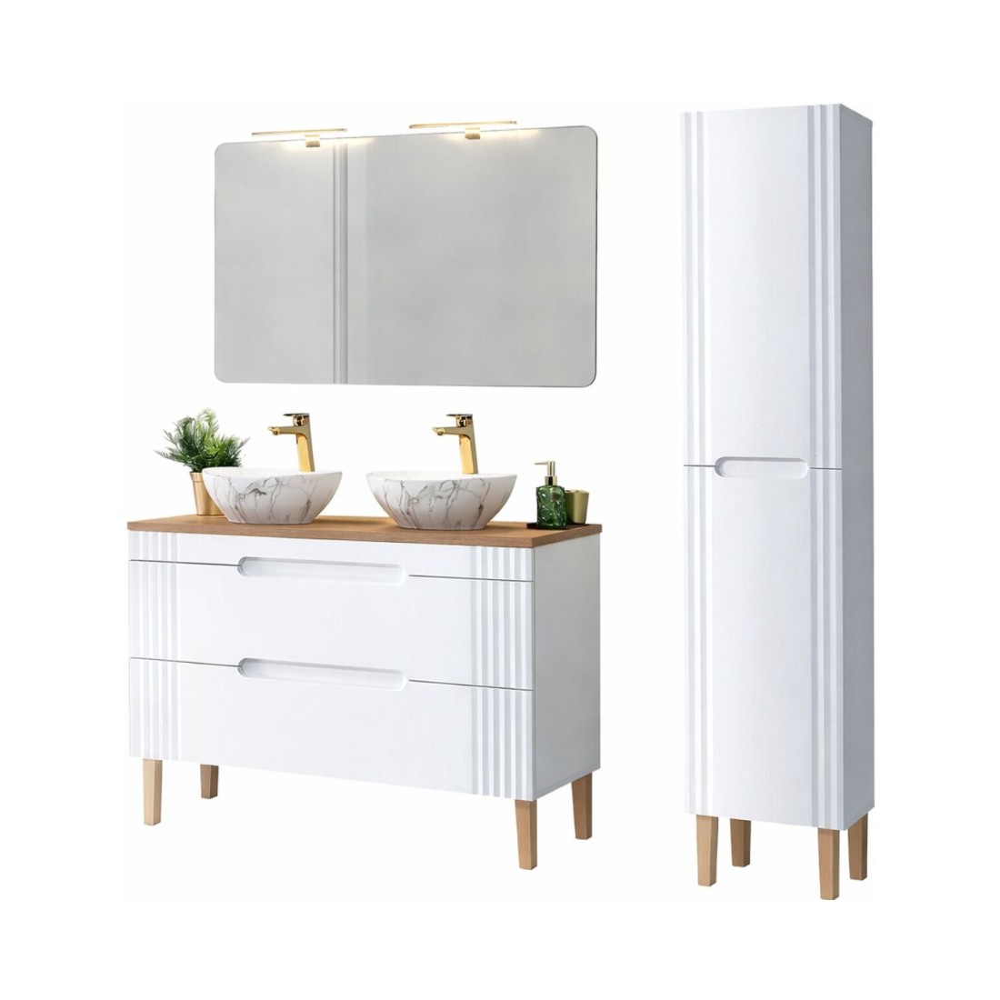 Set FIDJI: Waschbeckenunterschrank 120cm + Platte für Waschbecken + Füße + asymmetrische Aufsatzwaschbecken + Säule + Spiegel + 